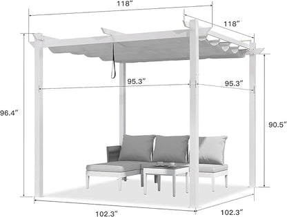 PURPLE LEAF 10' x 10' Outdoor Aluminum Pergola White Heavy-Duty Retractable Pergolas Patio Metal Pergola with Double Sun Shade Canopy and Light for Backyard Gardens Deck, White