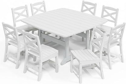 Outdoor Dining Set, HDPE 9-Piece Patio Table and Chairs Set, All-Weather Outdoor Dining Table Set for 8 with Umbrella Hole, Durable Patio Furniture Set with Chairs,White