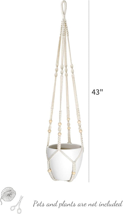 Mkono 43 Inch Macrame Plant Hanger Large for up to 12 Inch Pot Extra Long Hanging Plant Holder No Tassels Hanging Planter Basket with Wood Beads for Indoor Outdoor Boho Home Decor, Ivory