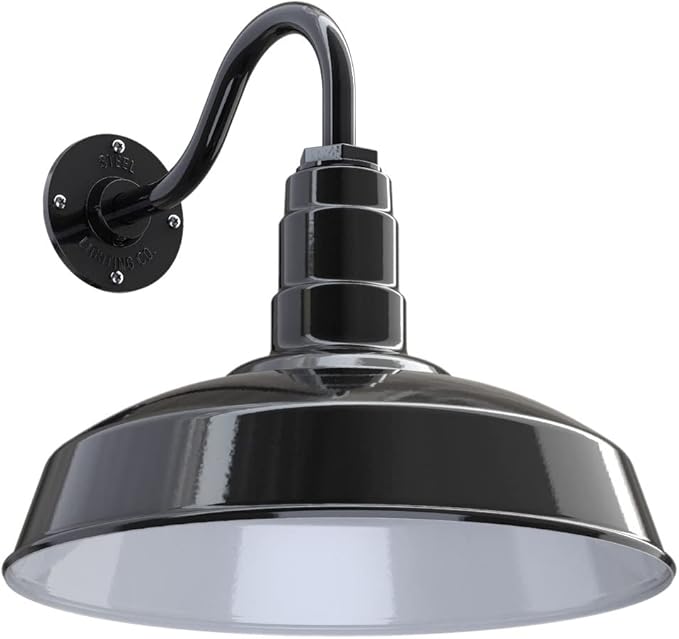 Outdoor Wall Light, 16-Inch Dome, Black and White Steel Barn Sconce