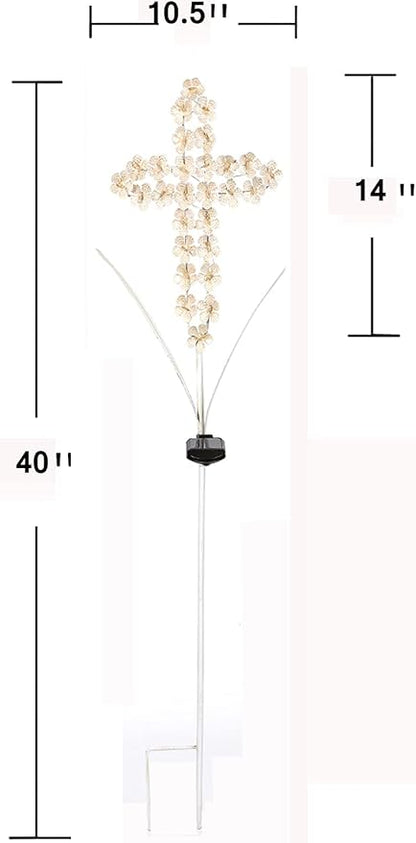White Cross Garden Stake Solar Lights Metal Hydrangea Cross Stake Memorial Gift w/ 28 LEDs Perfect Sympathy Gifts (10" W x 40" H)