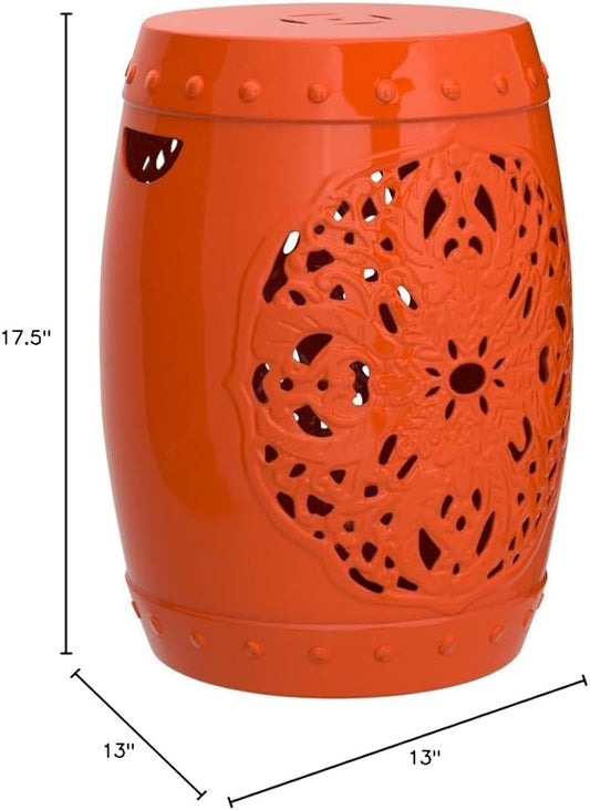 Decorative Garden Stool in Glazed Orange Ceramic, 17.5 in Tall