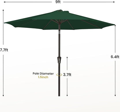 MEWAY 9ft Patio Umbrella Outdoor Table Umbrellas with Push Button Tilt and Crank, Market Umbrella 8 Sturdy Ribs for Deck, Garden, Pool and Backyard, Dark Green