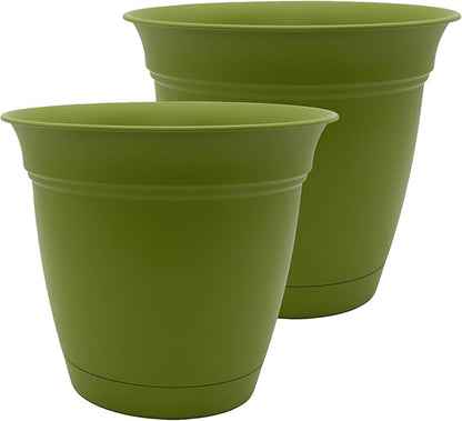 The HC Companies 12 Inch Eclipse Round Planter Pots with Drainage Holes & Attached Saucer, Lightweight UV-Resistant Plastic Indoor Outdoor Planters, 2-Pack Flower Pots for Garden & Home Decor, Peridot