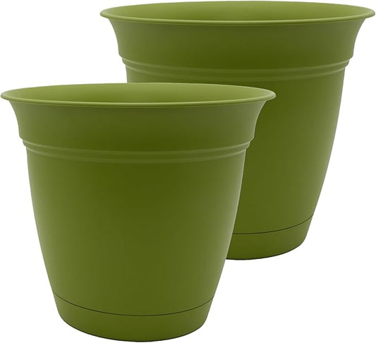 The HC Companies 20 Inch Eclipse Round Planter Pots with Drainage Holes & Attached Saucer, Lightweight UV-Resistant Plastic Indoor Outdoor Planters, 2-Pack Flower Pots for Garden & Home Decor, Peridot