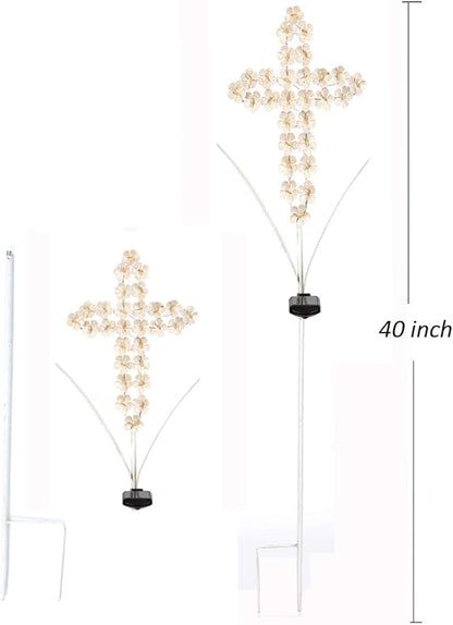 White Cross Garden Stake Solar Lights Metal Hydrangea Cross Stake Memorial Gift w/ 28 LEDs Perfect Sympathy Gifts (10" W x 40" H)