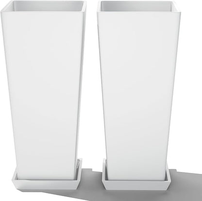 FENCY Set of 2 Tall Planters for Outdoor Plants, 24 Inch Large Tapered Pots with Drainage Trays, Weather-Resistant Plastic Plant Containers for Patio, Porch, Garden, Front Door Decor,White
