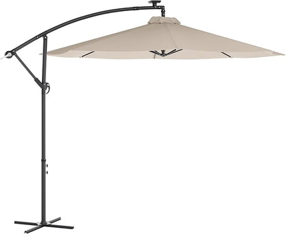 Flash Furniture Sedona Round Solar Cantilever Umbrella, Commercial Grade with Built in Cross Base, Crank and Tilt, 32 LED Lights, 6 Hour Run Time, 10 FT, Tan