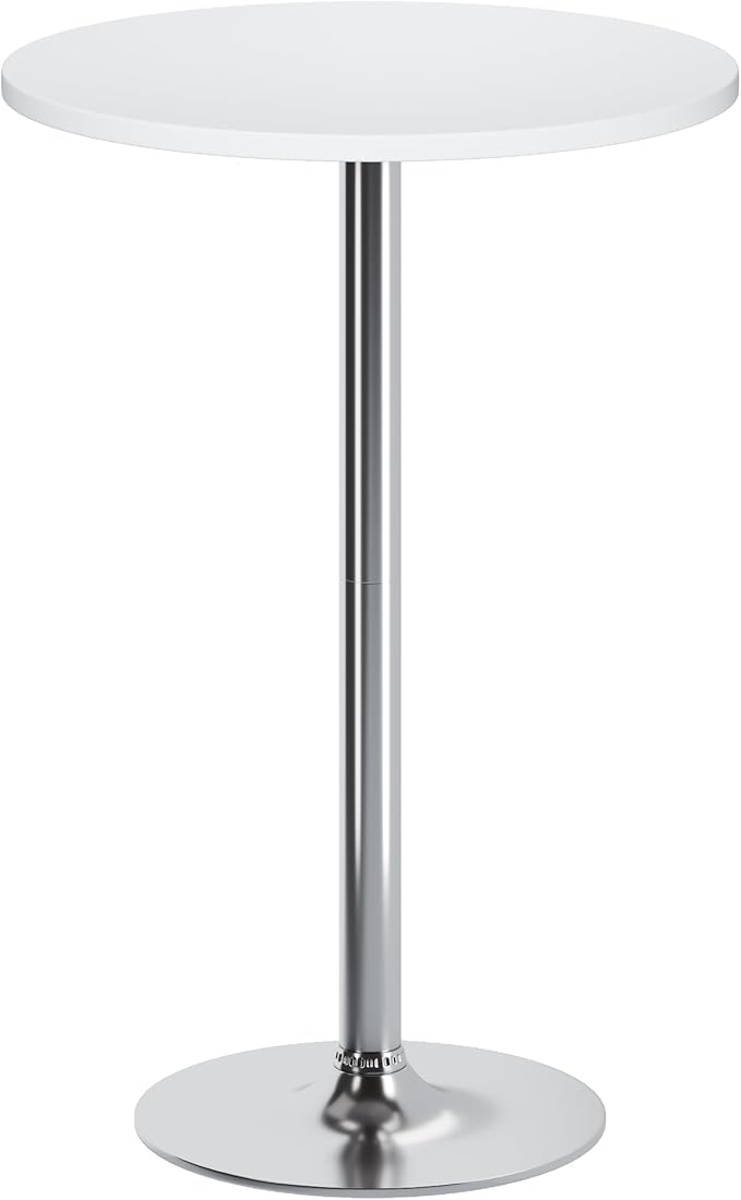 Flamaker Round Bistro Pub Table Modern Style Metal Base MDF Top Cocktail Bar Table Counter Bar Height for Pub, Dining Room, Party (1, White-Silver)