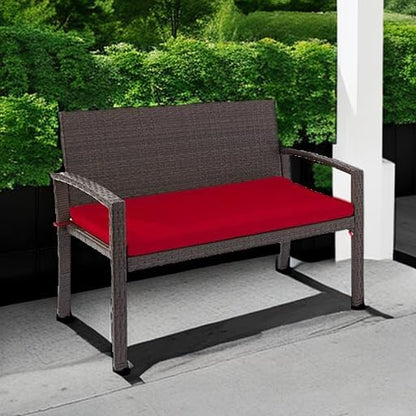 Best Choice Products Outdoor Bench 2-Person Wicker Garden Patio Benches Seating Furniture for Backyard, Porch w/Seat Cushion, 700lb Capacity - Brown/Red