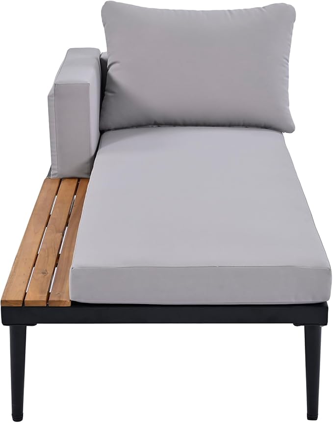 Outdoor Double Metal Daybed, with Wood Topped Side for Drinks, 2 in 1 Padded Sun Lounger with Cushions & Pillows, Patio Chaise Lounge Chair for Poolside Lawn Garden, Gray