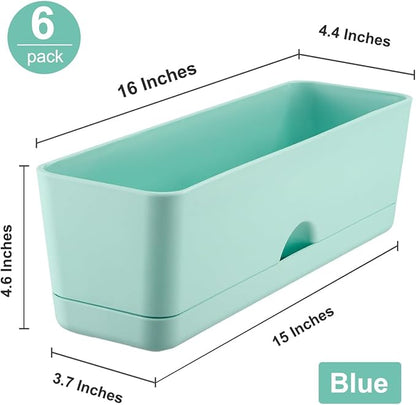 6 Pack Rectangle Planter 16x4.4 Inch Window Boxes Planters Rectangular Large Window Sill Planters Indoor Self Watering Plant Pots with Drainage Holes and Saucers Succulent Herb Flower Pots, Blue