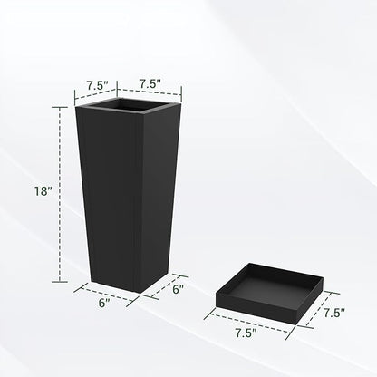 Tall Planters 18" H - 2 Pack, Tapered Pots with Drainage Insert Shelve & Trays, Metal Outdoor Planter Box for Porch, Garden, Patio, Yard (Black)