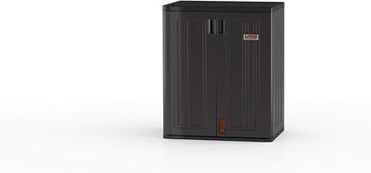 Suncast Heavy-Duty Resin Outdoor Storage Cabinet, 30" W x 20.25" D x 36" H Dark Grey Base Garage Storage Cabinet with Lockable Doors and Metal Reinforced Shelves, Made in The USA