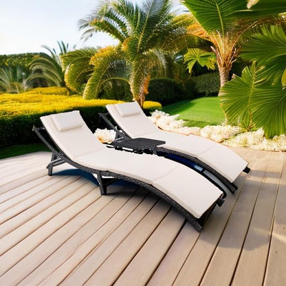 Devoko Patio Chaise Lounge Sets Outdoor Rattan Adjustable Back 3 Pieces Cushioned Patio Folding Chaise Lounge with Folding Table (Beige)