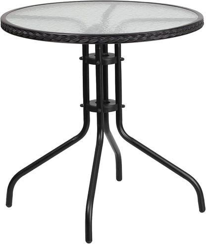 Flash Furniture Lila 28'' Round Glass Metal Table with Black Rattan Edging and 2 Black Rattan Stack Chairs