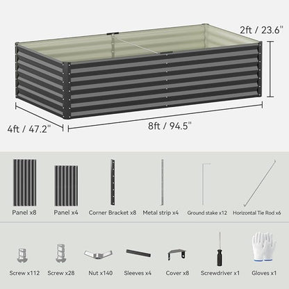 COMHOMA Galvanized Raised Garden Bed,Large Metal Planter Box for Outdoor Vegetables,Corrugated Steel Herbed Plants Container,Extra Deep Gardeners Kits with Open Bottom (2, 8x4x2FT)