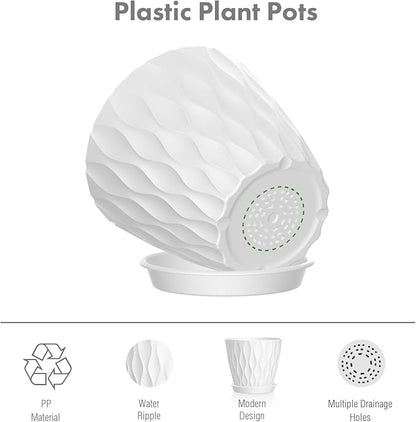 6 inch Flower Pots, 5 Pack Plant Pots for Indoor Outdoor Plants, Water Ripples Plastic Planters with Drainage Holes and Saucers, Nursery Pots for Small Succulent Garden House Plants, White