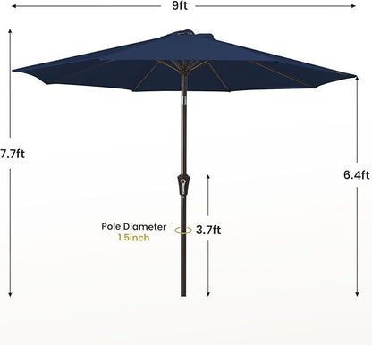 MEWAY 9ft Patio Umbrella Outdoor Table Umbrellas with Push Button Tilt and Crank, Market Umbrella 8 Sturdy Ribs for Deck, Garden, Pool and Backyard, Dark Blue