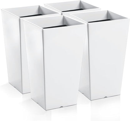 Hushee Set of 4 Tall Outdoor Planters 21 Inch Tall Tapered Square Planter with Drainage Hole Large Flower Tree Plant Pot Resin Flower Pots for Front Porch Door Garden Patio Indoor