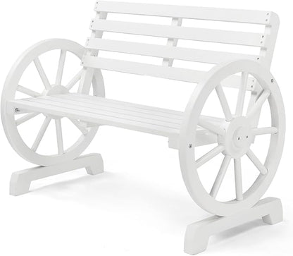 VINGLI Rustic Wooden Wheel Bench Outdoor Bench, Patio Bench Wagon Slatted Seat, Garden Benches for Outdoors 350lbs High Capacity, Weather Resistance (White, 41in)