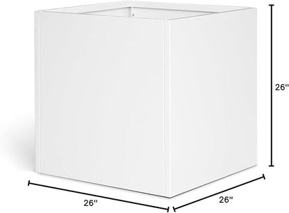 White Steel Planter Square Outdoor Planters Galvanized Steel Planter Box 26 Inch Indoor Metal Large Planters Cube Heavy Duty Flower Pot Modern Commercial Residential for Trees Patio Yard Garden