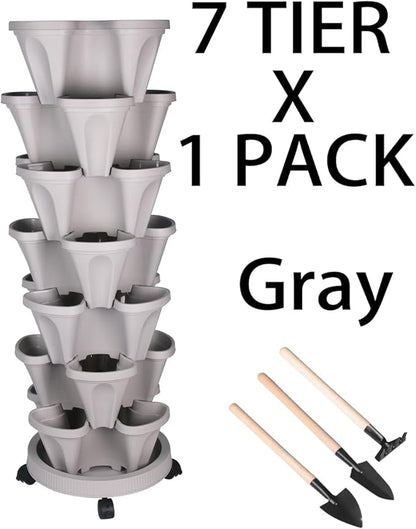 GameXcel Vertical Planter 7 Tier Stackable Planters Garden Planters Strawberry Herb Flower and Vegetable Planter Indoor Outdoor Gardening Pots with Removable Wheels and Tools - Gray