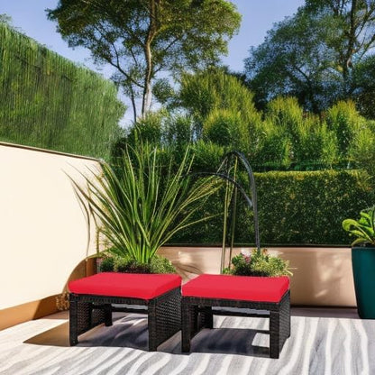 Tangkula 2 Pieces Patio Rattan Ottomans, All Weather Outdoor Footstool Footrest Seat with Soft Cushion, Hidden Zipper, High-Density Sponge, Wicker Ottoman Seat for Patio, Garden, Poolside (Red)