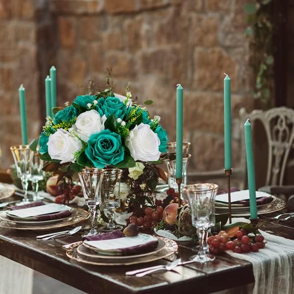 Artificial Flower Centerpieces, Teal and White Silk Roses, 3-in-1