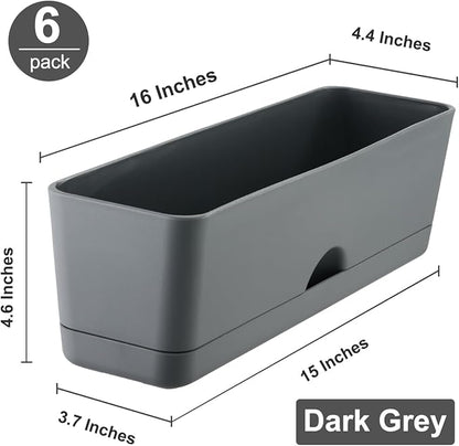 6 Pack Rectangle Planter 16x4.4 Inch Window Boxes Planters Rectangular Large Window Sill Planters Indoor Self Watering Plant Pots with Drainage Holes and Saucers Succulent Herb Flower Pots, Dark Grey