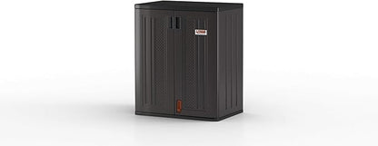 Suncast Heavy-Duty Resin Outdoor Storage Cabinet, 30" W x 20.25" D x 36" H Dark Grey Base Garage Storage Cabinet with Lockable Doors and Metal Reinforced Shelves, Made in The USA