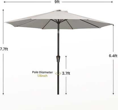 MEWAY 9ft Patio Umbrella Outdoor Table Umbrellas with Push Button Tilt and Crank, Market Umbrella 8 Sturdy Ribs for Deck, Garden, Pool and Backyard, Fog Gray