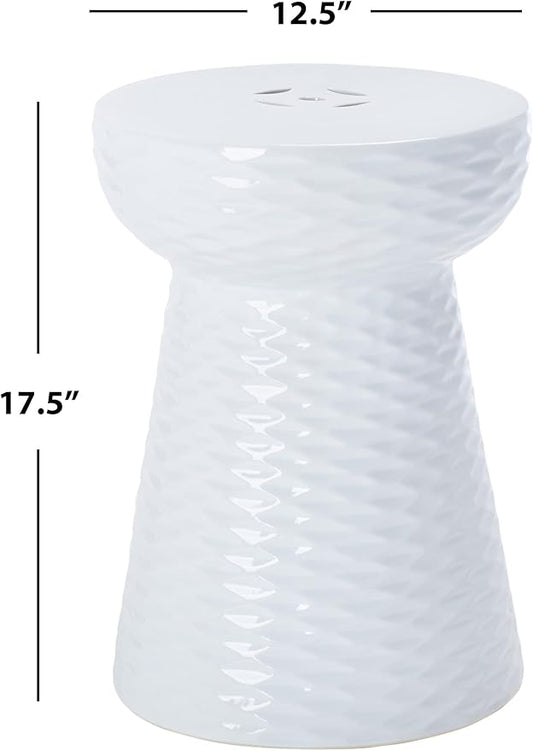 Decorative Garden Stool, White Glazed Ceramic, 17.5-Inch Height