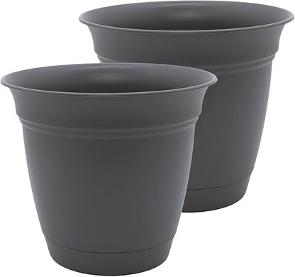 The HC Companies 16 Inch Eclipse Round Planter Pots with Drainage Holes & Attached Saucer, Lightweight UV-Resistant Plastic Indoor & Outdoor Planters, 2-Pack Flower Pots, Garden Home Decor, Warm Gray