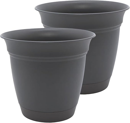 The HC Companies 12 Inch Eclipse Round Planter Pots with Drainage Holes & Attached Saucer, Lightweight UV-Resistant Plastic Indoor & Outdoor Planters, 2-Pack Flower Pots, Garden Home Decor, Warm Gray