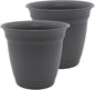 The HC Companies 12 Inch Eclipse Round Planter Pots with Drainage Holes & Attached Saucer, Lightweight UV-Resistant Plastic Indoor & Outdoor Planters, 2-Pack Flower Pots, Garden Home Decor, Warm Gray