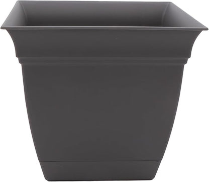 The HC Companies Eclipse Square Plastic Planter w/ Attached Saucer - Outdoor & Indoor Plant Pot with Drainage Holes - Lightweight, UV-Resistant Plastic Pots For Plants (8" Warm Gray, Pack of 1)