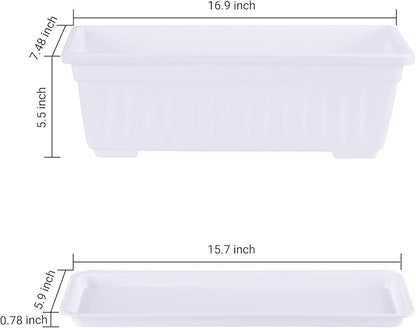 GREANER Rectangle Plastic Flower Boxes, 3 Pack Large Long Planter 16.9x7.48 Inch Morden Thicken Vegetable Plant Pot with Tray for Garden, Kitchen, Window, Office, Balcony, Outdoor Indoor Use - White