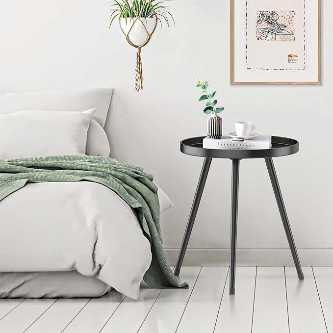 End Table: Round Black Metal Side Table, Mid-Century Style, 23-Inch Height