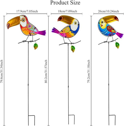Decorative Garden Stakes,Set of 3 Toucan Stained Glass Metal Yard Art Outdoor,Waterproof Spring Garden Stakes Decorative for Lawn Patio Pathway