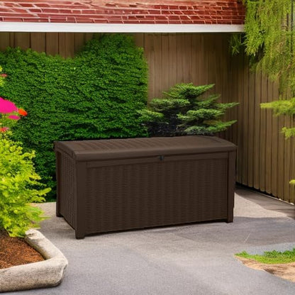 Deck Box, 110-Gallon Brown Resin Storage with Lockable Lid