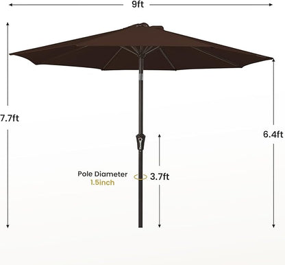 MEWAY 9ft Patio Umbrella Outdoor Table Umbrellas with Push Button Tilt and Crank, Market Umbrella 8 Sturdy Ribs for Deck, Garden, Pool and Backyard, Brown