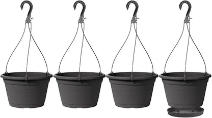 VIDELLY 4 Pcs Hanging Planters,10" Hanging Pots Plastic Hanging Flower Plant Basket with Drainage Trays & Chain Holder for Outdoor Indoor Plants Garden Balcony Decoration, Dark Gray