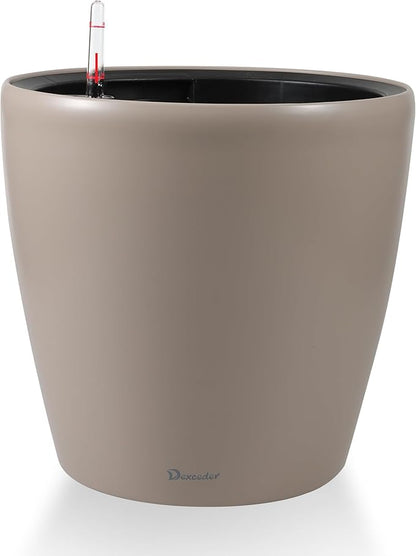Dexceder 13x12 Self Watering Planter with Wheels Indoor Outdoor, Inner Pot Design, Thickened Large Floor Standing Flower Plant Pot with Water Level Indicator (Taupe Matte)