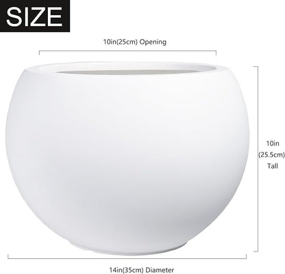 10 H x 14" Dia (10" Pot Opening) Round Fiberstone Planter with Drainage Hole, White, Indoor/Outdoor Large Plant Pot for Home Patio Garden, Ideal for Large Plants