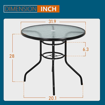 32in Outdoor Table Patio Dining Table Outdoor Dining Table with Umbrella Hole Round Tempered Glass for Yard Bistro Lawn Balcony