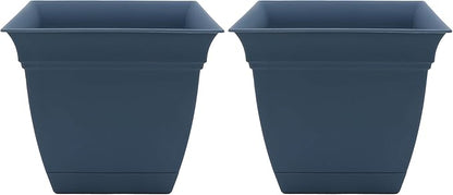 The HC Companies 6 Inch Eclipse Square Planter with Saucer - Indoor Outdoor Plant Pot for Flowers, Vegetables, and Herbs, Slate Blue (Pack of 2)