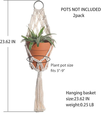 Artilady Boho Macrame Plant Hangers - Handmade Hemp Rope Hanging Baskets for Indoor Plants with Ceiling Hooks, Bohemian Home Decor Outdoor Wall Art (White Hanger-2pcs)