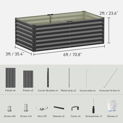 COMHOMA Galvanized Raised Garden Bed,Large Metal Planter Box for Outdoor Vegetables,Corrugated Steel Herbed Plants Container,Extra Deep Gardeners Kits with Open Bottom (1, 6x3x2FT)