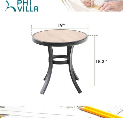 PHI VILLA Outdoor Round Side Table Set of 2, 19" Small Metal End Table with Wood Top, Outside All Weather Coffee Bistro Table for Patio, Deck, Porch, Balcony, Indoor